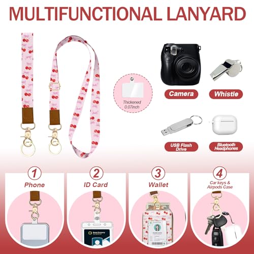 Easy Carry Roomy Leather Zipper Lanyard Wallet for Women, Adjustable Lanyard with ID Holder, RFID Badge Holder, Pink Bow Wallet with Wristlet Strap and Keychain for Teacher Work Office Gift - color: Bow Cherry