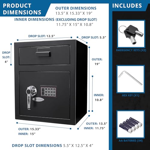 Barska Digital Depository Safe with Drop Slot – Solid Steel Lock Box for Cash, Mail & Valuables, Dual PIN Code Access, Anti-Pry Door, 2 Steel Bolts, Mounting Hardware – for Home & Office Security - style: Large Drop Door