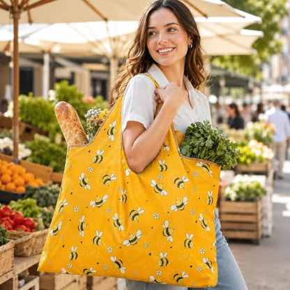 Reusable Shopping Bag, 16 x 16 inch Large Foldable Grocery Hand Tote, Shoulder Waterproof Portable Pocket - color: Yellow Bee