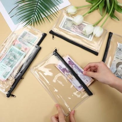 10 Pack Clear Cash Register Clear Plastic Cash Envelopes Money Pouch Bank Deposit Bag Check Wallet Receipt Coupon Stickers Stamps Envelope Case Index Card Holder Organizer Zipper Closure 4.7x 8.4 Inch