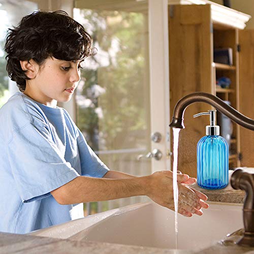 2 Pack Blue Glass Soap Dispenser Bottle with Pump, 14 Oz Refillable Liquid Hand Jar Dispenser for Bathroom, Countertop, Kitchen, Laundry Room - color: Blue