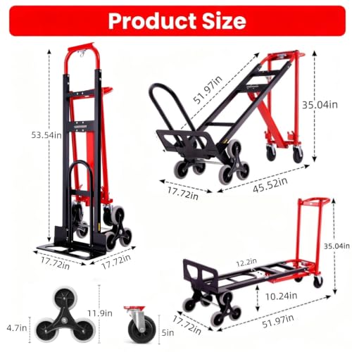 Professional Heavy Duty 1000LBS Stair Climbing Dolly, 4-in-1 Convertible Hand Truck, Upgraded Foldable Utility Moving Cart with Solid Wheels for Warehouse, Office & Home (Red) - color: Red