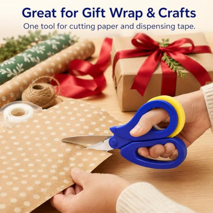 2-in-1 Scissors & Integrated Clear Sticky Tape Dispenser Cutter – Desktop Tape Dispenser for Gift Wrapping, Multi-Purpose Scissor with Tape for Office, School, and Home Use (1Pcs)