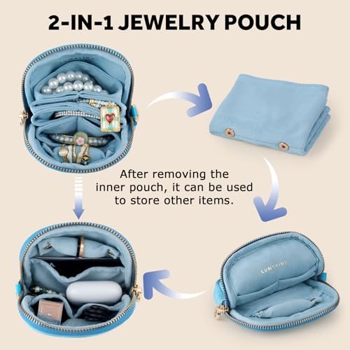 Velvet Travel Jewelry Pouch, 2-in-1 Case with Detachable Insert - color: Teal Blue
