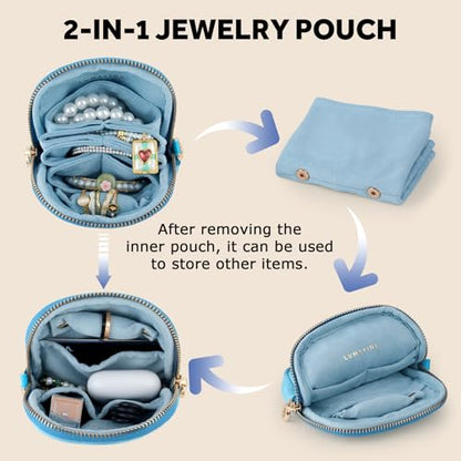 Velvet Travel Jewelry Pouch, 2-in-1 Case with Detachable Insert - color: Teal Blue