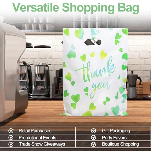 WAKAKO Bulk 50 Green Thank You Shopping Bags with Handles – Durable Plastic Retail Bags for Business Small, Boutique, Gifts, Merchandise (Medium 13.7"x9.8") – Fits Accessories & Jewelry - size: Medium