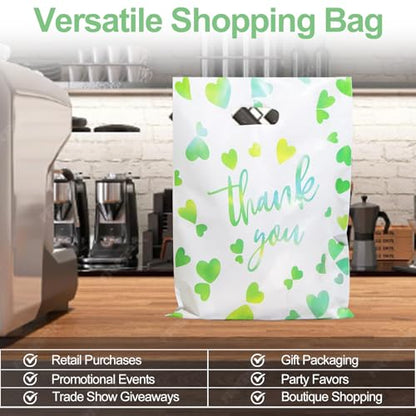 WAKAKO Bulk 50 Green Thank You Shopping Bags with Handles – Durable Plastic Retail Bags for Business Small, Boutique, Gifts, Merchandise (Medium 13.7"x9.8") – Fits Accessories & Jewelry - size: Medium