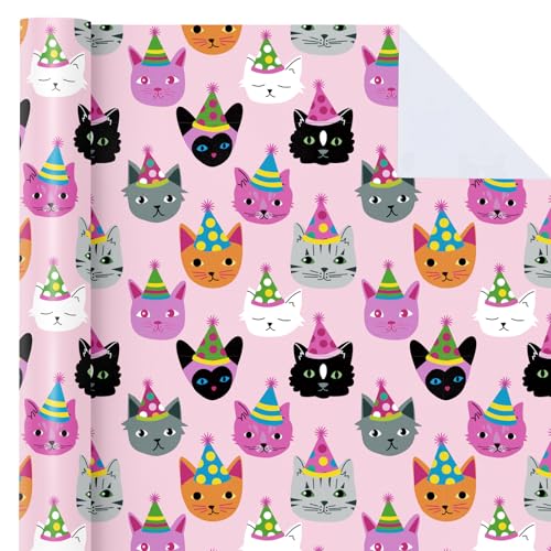 WRAPAHOLIC Kitty Cat Wrapping Paper Roll - Mini Roll - 17 Inch x 33 Feet - Pink Adorable Birthday Kitty Design, Perfect for Kids Girls Birthday, Baby Shower, Cat Lover - color: Birthday - Pink Cat