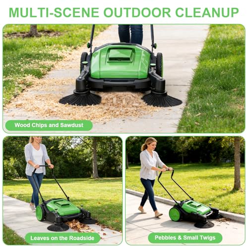 43" Walk-Behind Hand Push Floor Sweeper, 15 Gallon Waste Container, 46000 Sq Ft/H Efficiency, Angle & Height Adjustable Folding Handle for Yard, Garage, Patio & Walkway Cleaning - color: Green