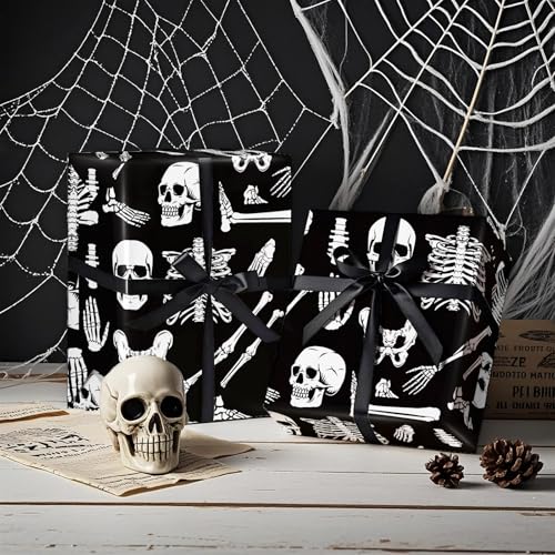WRAPAHOLIC Halloween Wrapping Paper - Mini Roll - 17 Inch x 16.5 Feet - Skeleton and Bone Wrapping Paper for Halloween Deco, Birthday Gift Wrap - color: Bone