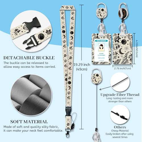 Hancynir Goth Moon Floral Lanyards for Id Badges with Retractable Reel Clip - color: Goth Moon Floral