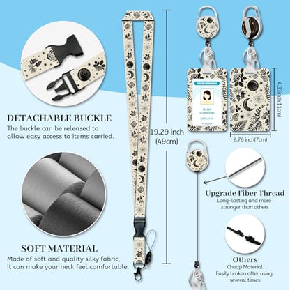 Hancynir Goth Moon Floral Lanyards for Id Badges with Retractable Reel Clip - color: Goth Moon Floral