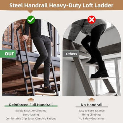11.35FT Industrial Style Loft Ladder, 9 Steps with Black Steel Handrails & Solid Wood Steps, 450lbs Capacity, Fits 9.2-10FT Installation Height,for Attic, Kitchen, Warehouse,Bookshelf& Outdoor - size: 11.35 FT - 9Steps
