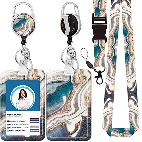 Badge Lanyard, Retractable Badge Holder with Carabiner Reel Belt Clip, Strap Lanyard with Lobster Clasp for Badge Holders, Nurse Teacher Office Gifts(BLC-Green Golden Marble) - color: Blc-green Golden Marble