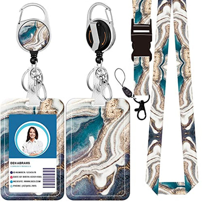 Badge Lanyard, Retractable Badge Holder with Carabiner Reel Belt Clip, Strap Lanyard with Lobster Clasp for Badge Holders, Nurse Teacher Office Gifts(BLC-Green Golden Marble) - color: Blc-green Golden Marble