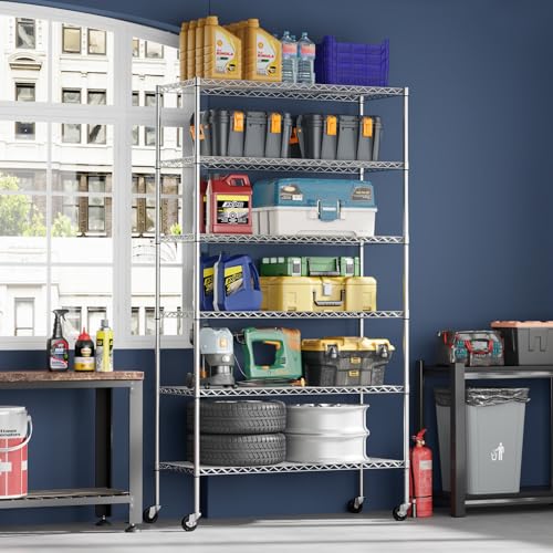 FDW | 6-Tier Wire Shelf with Wheels | 45" x 18" x 82" | Chrome - color: Chrome, size: 45×18×82
