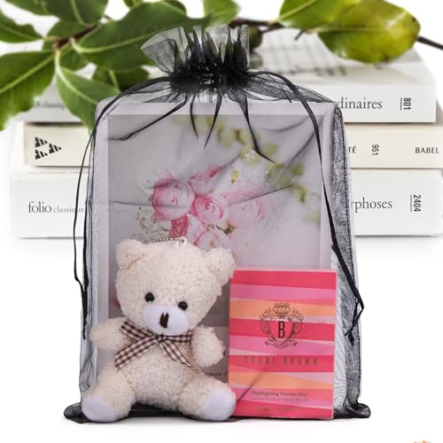 ANZNKU 50 Pcs Large Organza Bags 8x12, Black Small Mesh Gift Bag Drawstring - color: Black