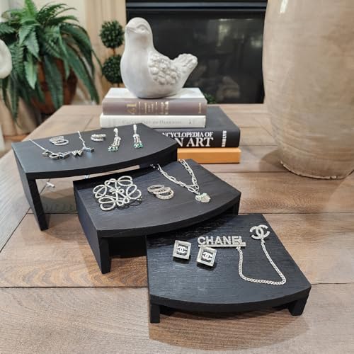 MOOCA 3-Piece Wood Hexagon Jewelry Display Stand Risers for Accessories - color: Black