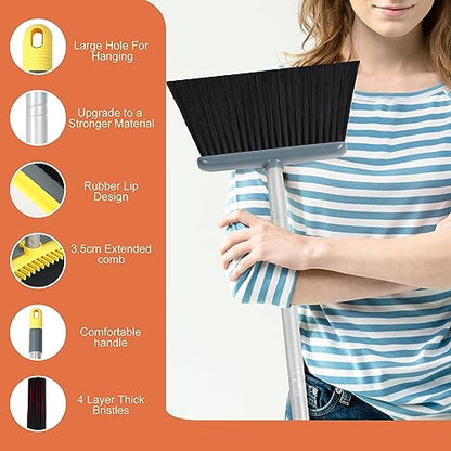Long Handled Dustpan and Brush, Broom and Dustpan Set, Household Dust pan Combo with 54 Inch Handle for Indoor Outdoor Household Cleaning and Sweeping (Yellow) - color: Yellow