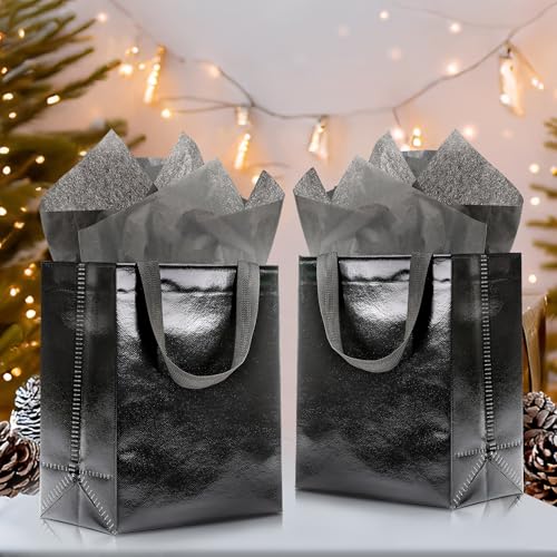 KeerxunBag Black Gift Bags - 12pk - Reusable - With Inner Liner Paper - color: black out