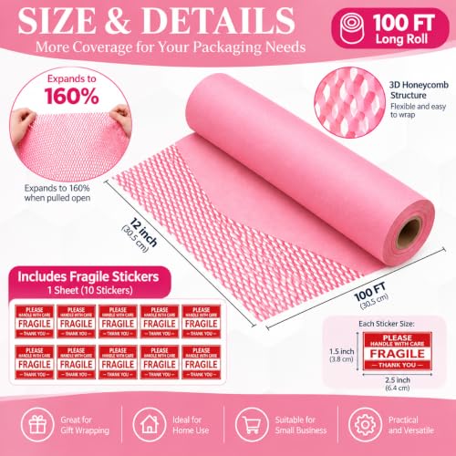 Pink Honeycomb Packing Paper, 12" x 100 ft, Gift Wrapping Paper - color: Pink, size: 12 Inch x 100 Feet