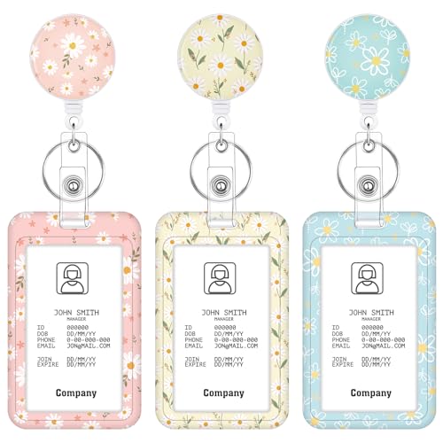 3 Pack Floral Retractable Badge Holder Set, Vertical Id Card Holders - color: Small Daisy