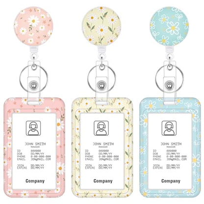 3 Pack Floral Retractable Badge Holder Set, Vertical Id Card Holders - color: Small Daisy