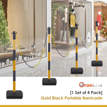 4 Pack Portable Work Zone Chain Post Set, Premium Crowd Control Stanchion Set, 3 x 20' Ft Plastic Chains, 4 x 40" inch Traffic Delineator Post Cones with Water Fillable Base (Gold Black)