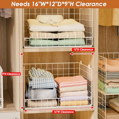 Huxitocan 6-Tier Stackable Closet Organizers and Storage Basket - Foldable Closet Shelf Organizer System, Sturdy Metal Space-Saving Clothes Storage Bins for Wardrobe, White(Patent Pending) - size: 6-Tier