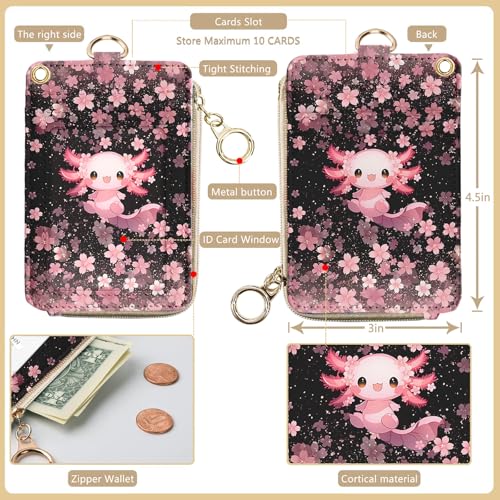 bolimoss Axolot ID Badge Holder & Lanyard Wallet 2-in-1Cute Sakura Womens Small Wallet with Removable Wristlet & Neck Lanyard, Clear Window, 5 Card Slots, Side Zipper Pocket, Ring Keychain - color: Cherry Blossom Axolot