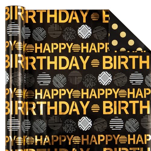 WRAPAHOLIC Reversible Birthday Wrapping Paper Roll - Mini Roll - 17 Inch x 16.5 Feet - Black Gold Happy Birthday Wrapping Paper Perfect for Adults Kids Girls Boys, Baby Shower - color: Black - Happy Birthday & Polka Dots