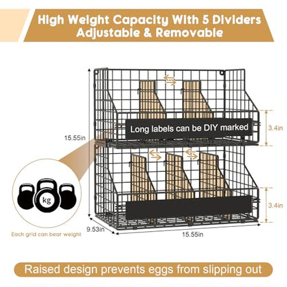 Egg Holder Countertop,Metal Egg Rack with Adjustable Dividers & DIY Labels - color: Black, size: 2-Tier X-Large