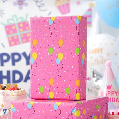 Ulmasinn Reversible Birthday Wrapping Paper Roll - 17" x 16.4 Ft, Double Sided Balloon & Polka Dot for Kids Gifts, Baby Shower, Party - color: Balloon & Pink Birthday