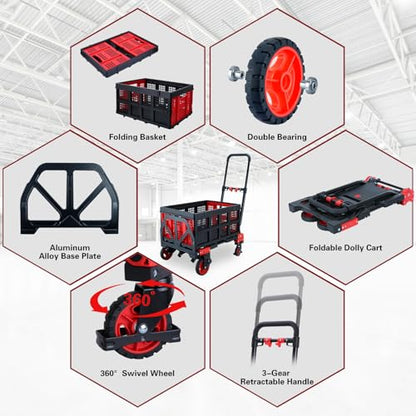 2 in 1 Folding Hand Truck Dolly with Basket,330LB Hand Cart Foldable - color: A-red