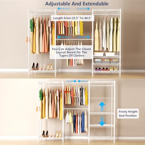Heavy Duty Clothing Rack with Adjustable Shelves Clothes Wardrobe - color: White