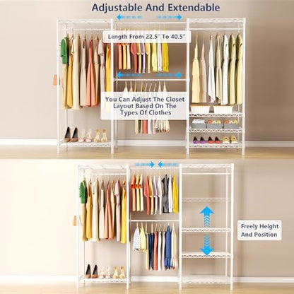 Heavy Duty Clothing Rack with Adjustable Shelves Clothes Wardrobe - color: White