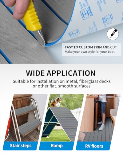 OCEANBROAD Boat Flooring EVA Foam Self-Adhesive Faux Teak Marine Decking - color: Gray with Blue Lines, size: 48''L x 16.8''W-5.6sqft
