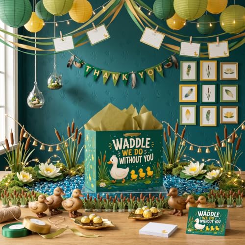 Hkshaoda Waddle We Do Without You Duck Gift Bag Set with Tissue Paper and Card, Large Farewell Party Favor Bags for Goodbye, Retirement, Graduation, Teacher Appreciation, Coworkers and Friends