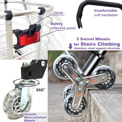 Foldable Stairs Climbing Shopping Cart with Waterproof Basket Liner，Aluminium Alloy Lightweight Collapsible Grocery Dolly Cart，Portable Rolling Utility Trolley，49L
