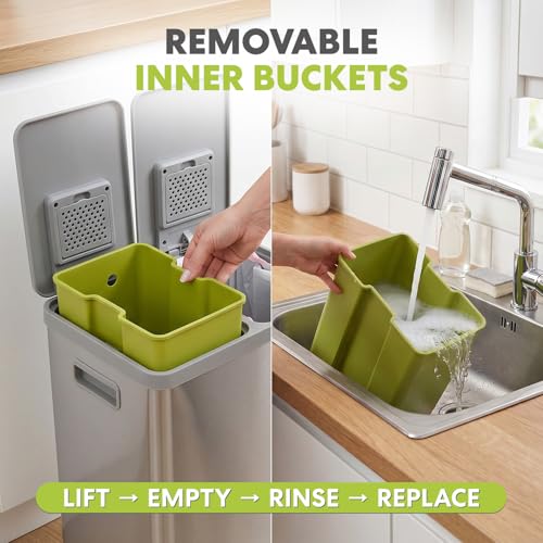 SIMPLI-MAGIC 10.5 Gallon (2 x 5.3 Gallon) / 40 Liter Mini Space-Saving Dual Compartment Stainless Steel KitchenTrash Can, Step-On Kitchen Garbage Bin with Removable Inner Buckets and Soft-Close Lid - size: 40 L