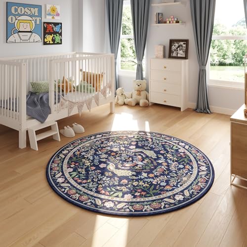 Rugcomf Round Area Rug 4ft Floral Washable Non Slip, Blue - color: Blue, size: 4' (Round)