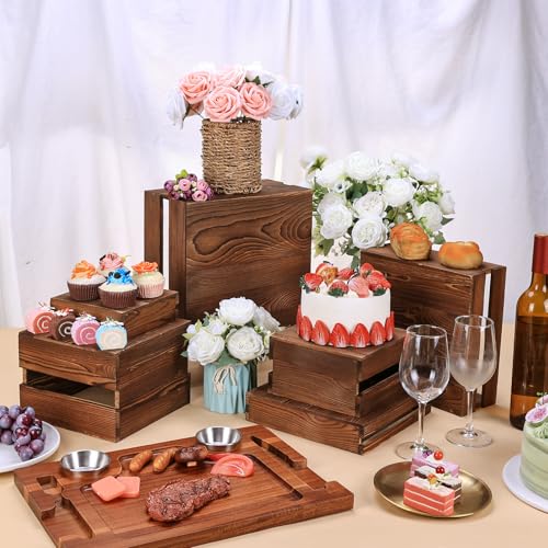 6 Pack Wooden Crates for Display Wooden Risers Square Food Risers for Buffet Party Rustic Wood Cake & Cupcake Stands