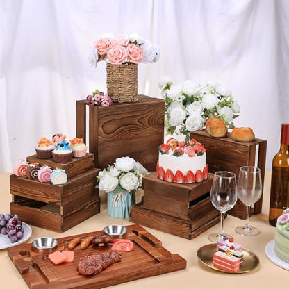 6 Pack Wooden Crates for Display Wooden Risers Square Food Risers for Buffet Party Rustic Wood Cake & Cupcake Stands
