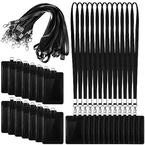 Fulmoon 25 Sets Leather Badge Holder with Lanyard Bulk School, Black