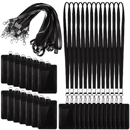 Fulmoon 25 Sets Leather Badge Holder with Lanyard Bulk School, Black