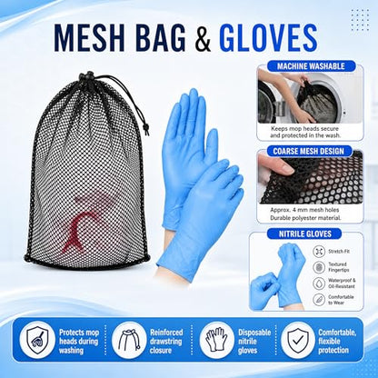 3 Pack Commercial Mop Heads with Mesh Laundry Bag & 16 Disposable Gloves - size: 3 Pack