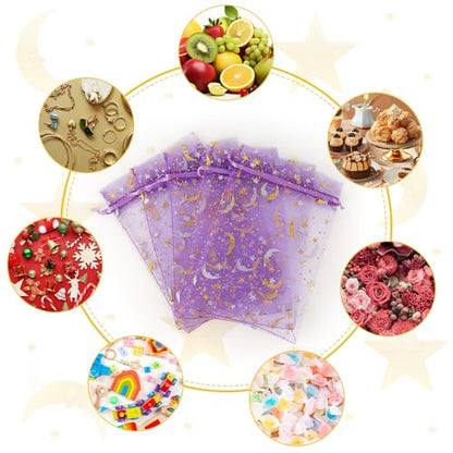 Moon Star Organza Bags 4x6 Small Mesh Bag Drawstring 50 Pcs Mesh Gift Bags Drawstring Pouch Wedding Favor Bags Jewelry Pouches Bulk Gift Pouch for Candy Soaps Birthday Festival Party Supplies, Purple - color: Purple