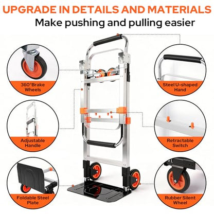 Folding Hand Truck Dolly Cart with Wheels, 500lb Load,Silver Orange - color: Silver+orange