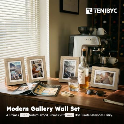 5x7 picture frame 4 Pack, 4x6 Mat, Natural Wood, Glass, for Photo - color: Natural, size: 5 X 7
