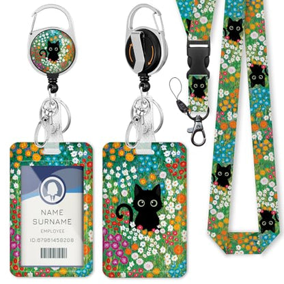 Gctriki Lanyards for Id Badges, Black Cat Id Badge Holder Retractable - color: Black Flower Cat